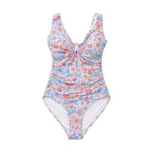 NWT B2PRITY Floral One Piece Swimsuit Pink Ruched V Neck Tummy Control Medium